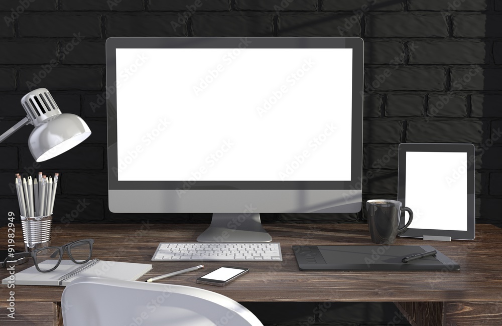 Fototapeta premium 3D illustration PC screen on table in office, Workspace