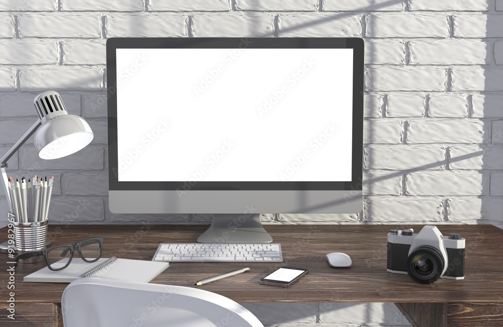 Fototapeta premium 3D illustration PC screen on table in office, Workspace