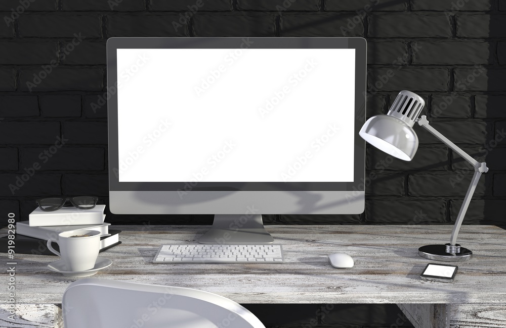 Fototapeta premium 3D illustration PC screen on table in office, Workspace