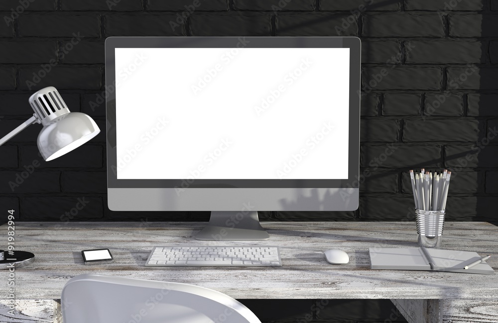 Fototapeta premium 3D illustration PC screen on table in office, Workspace