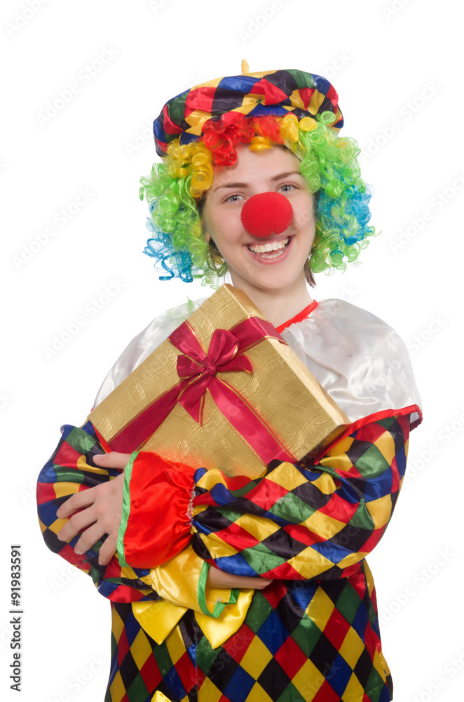 Clown with giftbox isolated on white