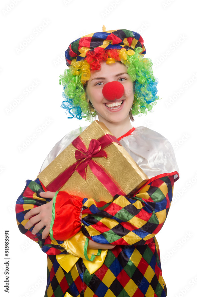 Clown with giftbox isolated on white Clown with giftbox isolated on white