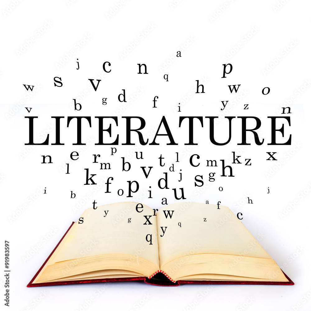 Fototapeta premium Literature, word on the book with letters flying