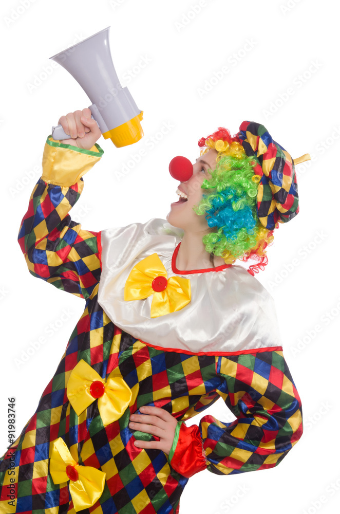 Obraz premium Clown with loudspeaker isolated on white