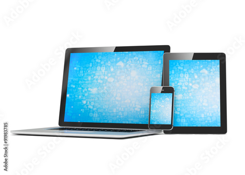 laptop, tablet, phone, on white