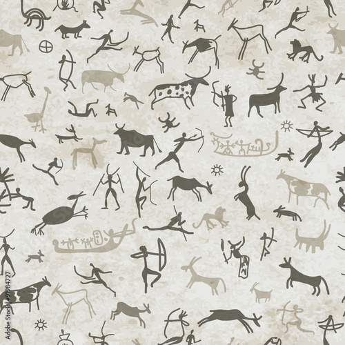 Rock paintings with ethnic people, seamless pattern
