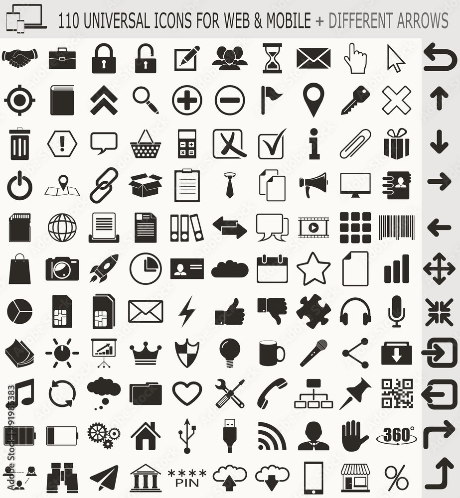 110 Universal Icons For Web & Mobile.And different arrows 110 Universal Icons For Web & Mobile.And different arrows