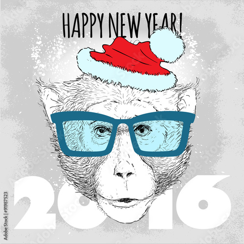 Macaque monkey Hipster with blue glasses and Christmas hat. Merry Christmas and Happy New Year vector illustration for placard design, posters, fashion print and textile