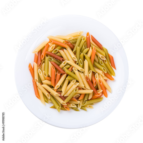 Plate of pasta seen from above isolated on white
