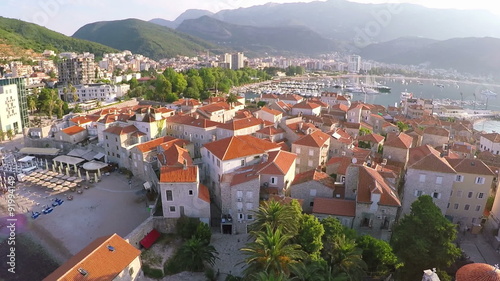Flying above the old town of Budva, Montenegro - aerial photography photo