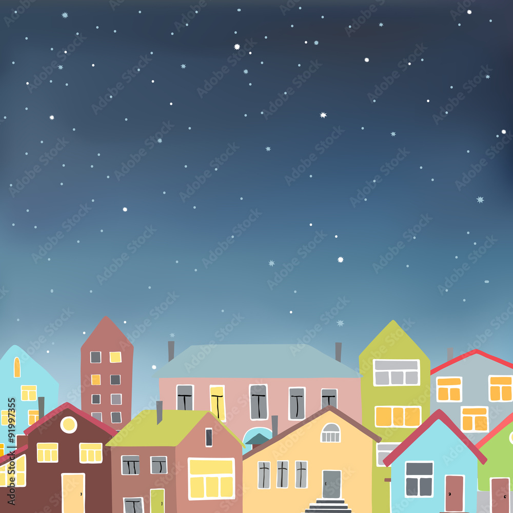 Different houses on the starry sky background