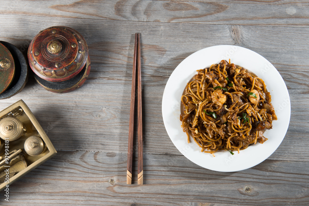 Fried Penang Char Kuey Teow top down view which is a popular noo