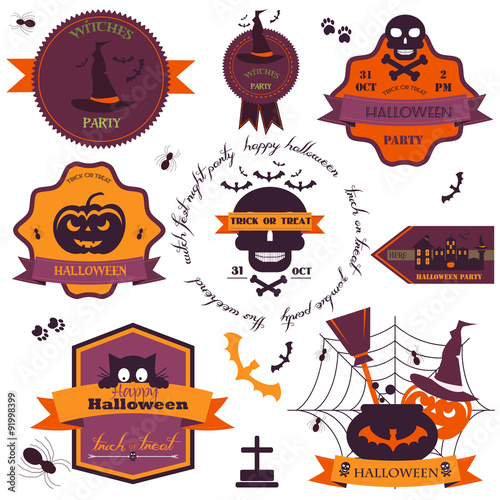 Set Of Vintage Happy Halloween Badges and Labels.Vector illustration. Set of Halloween retro ribbons - scrapbook elements. Halloween Ribbons, Flat Icons and Other Elements.