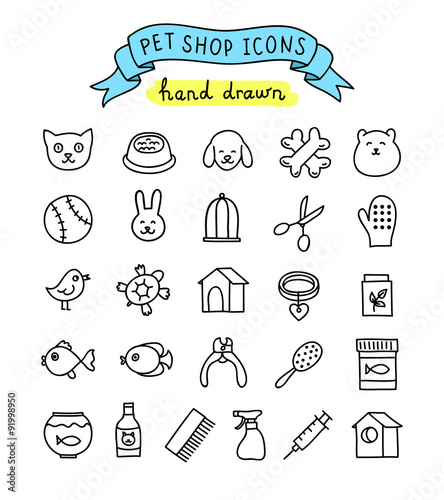 Pet shop hand drawn icons: cat, dog, hamster, fish, bird food and stuff and objects