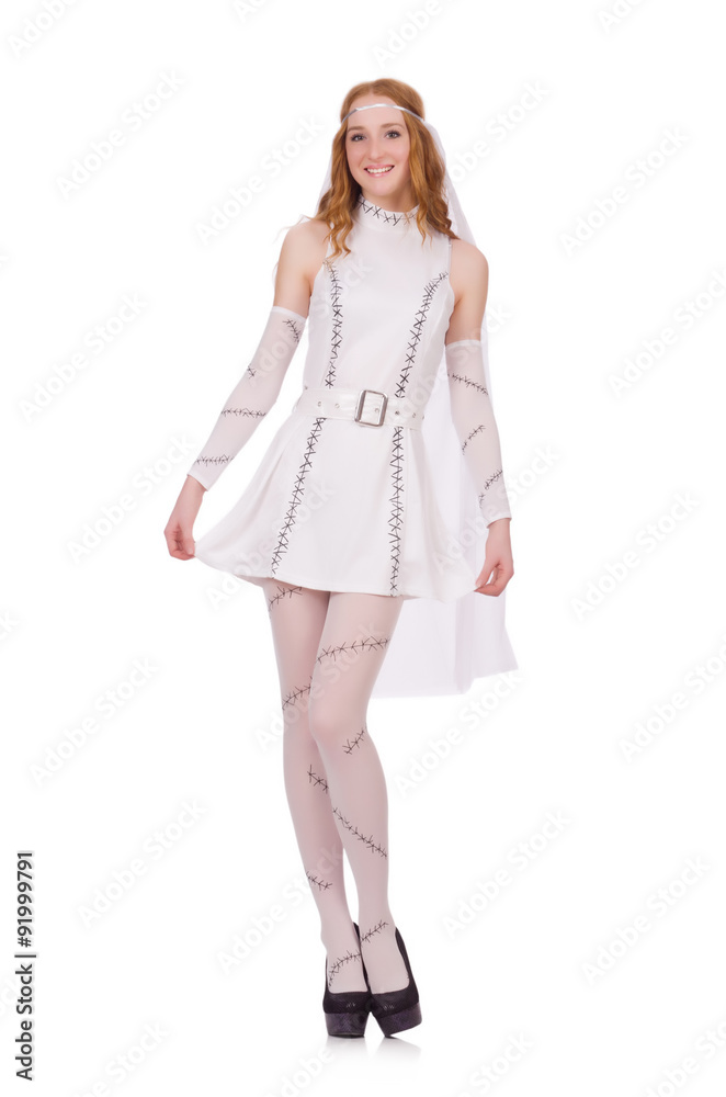 Pretty lady in light charming dress isolated on white Pretty lady in light charming dress isolated on white