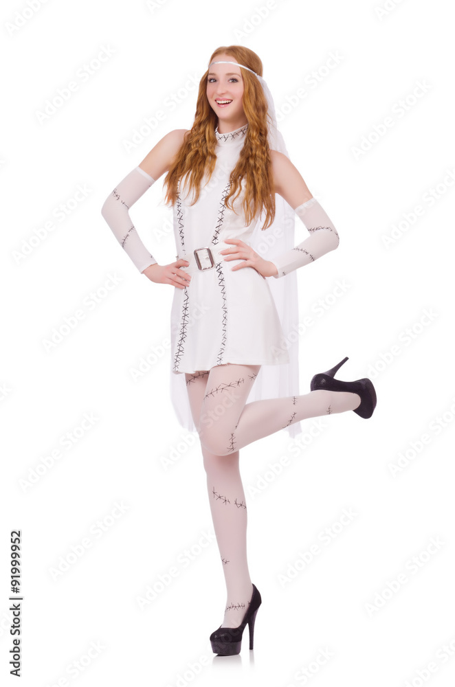 Fototapeta premium Pretty lady in light charming dress isolated on white