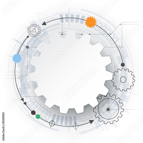 Vector futuristic technology, 3d white paper gear wheel on circuit board. Illustration hi-tech, engineering, digital telecoms concept. With space for content, web- template, business tech presentation