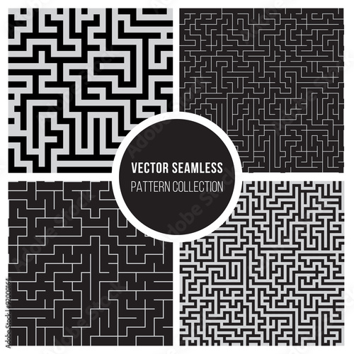 Four Vector Seamless Black and White Labyrinth Geometric Pattern Collection Pack photo