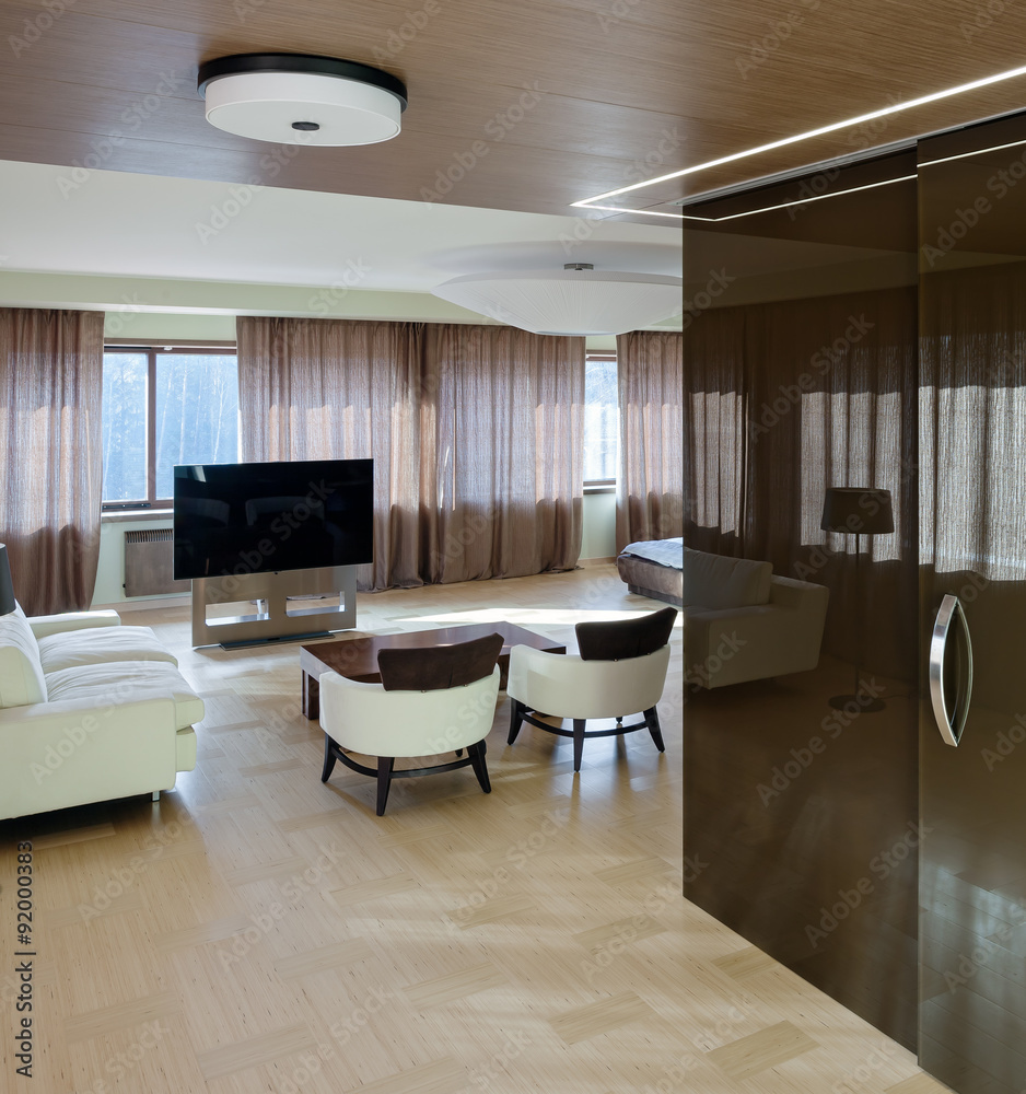 Home modern theater interior with big windows Home modern theater interior with big windows