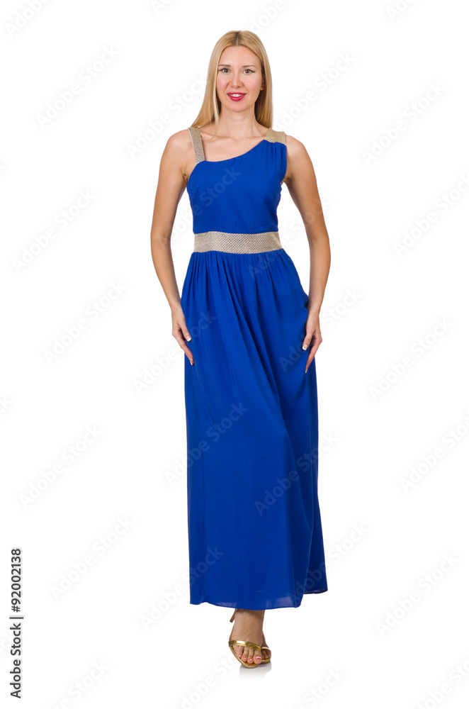 Beautiful woman in long blue dress isolated on white