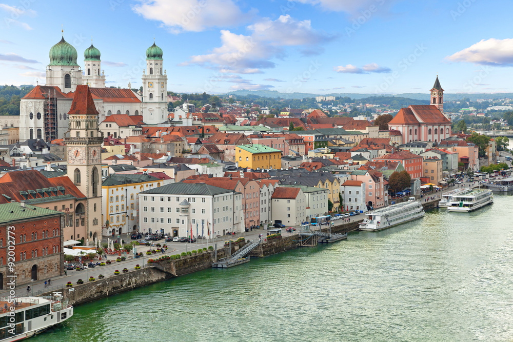 Aerial view of Passau with Danube river, embankment and cathedral, Bavaria, Germany
