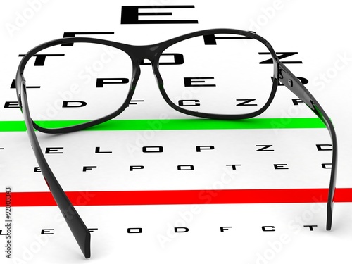Near vision test card with glasses illustration. Eye examination tests, ophthalmologist (medical doctor) concept. photo