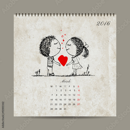 Calendar grid 2016 design, march. Couple in love together