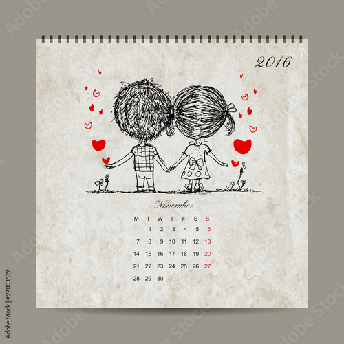 Calendar grid 2016 design, november. Couple in love together