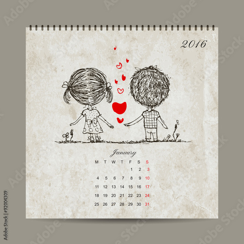 Calendar grid 2016 design, january. Couple in love together