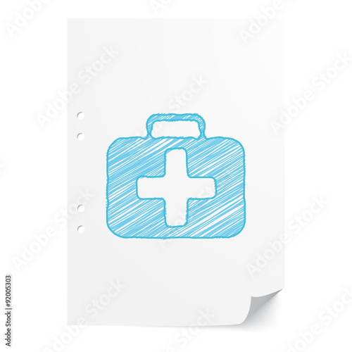 Blue handdrawn First Aid Kit illustration on white paper sheet w