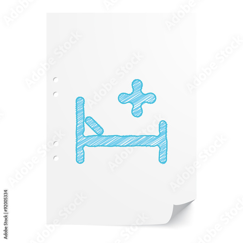 Blue handdrawn Hospital Bed illustration on white paper sheet wi