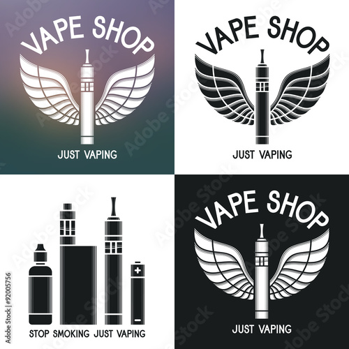Vape shop logo, icons e-cigarette and accessories. Isolated on blurred, white and dark background