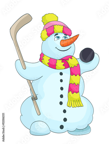 cartoon snowman with scarf, hat, and hockey stick. vector