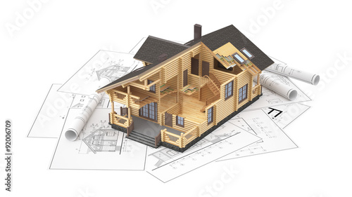 The three-dimensional image of a modern wooden house on a background of drawings. Objects isolated on white background.