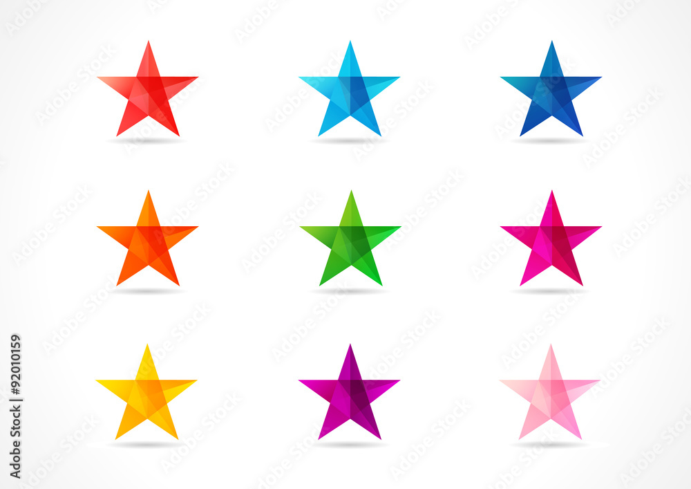 The colorful vector stars. The shining star icons in the shades of nine colors. - obrazy, fototapety, plakaty 