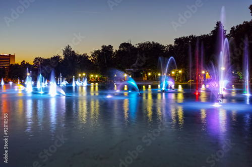 Night photo of Singing Fountains in City of Plovdiv, Bulgaria