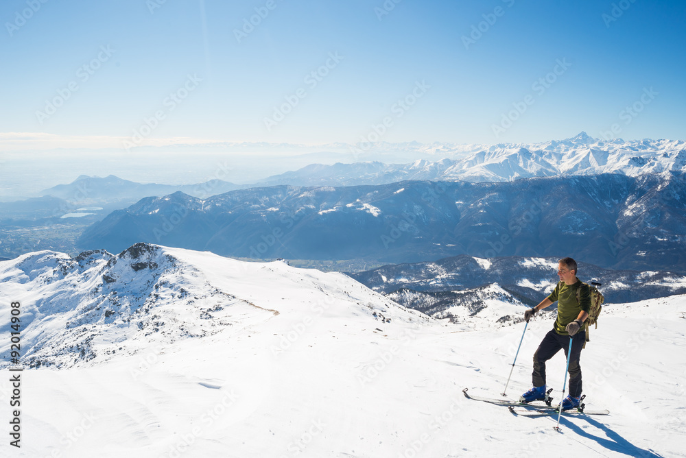 Back country skiing in scenic alpine setting