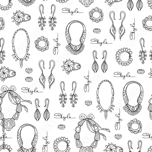 Vector seamless pattern of hand drawn jewelry for women on white color. Pattern with necklaces, earrings, brooches and bracelets. Background for use in design, web site, packing, textile, fabric