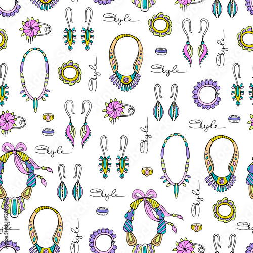 Vector seamless pattern of hand drawn fashionable jewelry for women. Pattern with necklaces, earrings, brooches and bracelets. Background for use in design, web site, packing, textile, fabric
