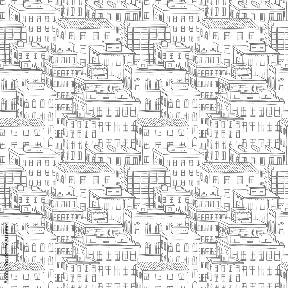 Vector townhouses day seamless pattern on a white background.