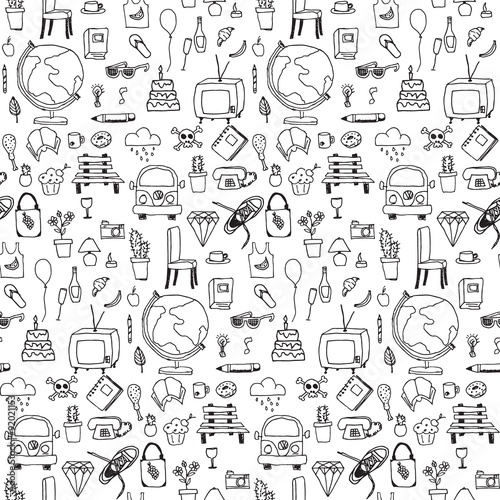 Everyday things, handdrawn, black and white, seamless pattern