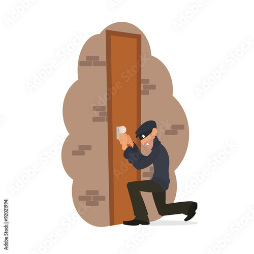 thief tries to break down the door. a thief opens the lock. vector illustration in a flat style.