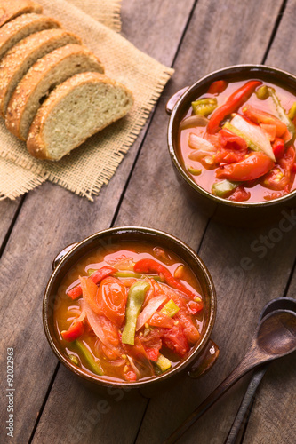 Hungarian traditional dish called Lecso, a vegetarian stew made of onion, pepper, tomato (Selective Focus, Focus in the middle of the first dish)