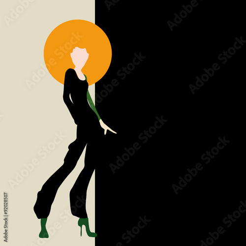 Abstract sketch of a woman in a black trouser suit and an orange hat. Collection of clothing, logo, fashion