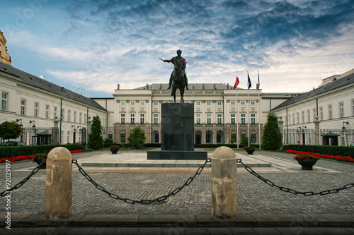 Warsaw, Poland - August 28, 2008: Front of the Polish Presidential Palace with statue of Prince Jozef Poniatowski . Palace is the seat of the Polish president.
