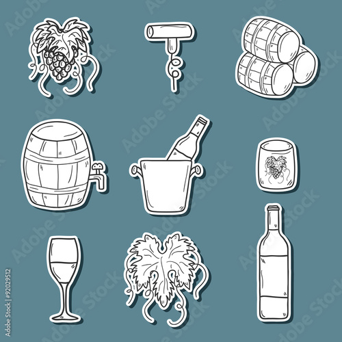 Set ofk cartoon wine stickers in hand drawn style: bottle, glass