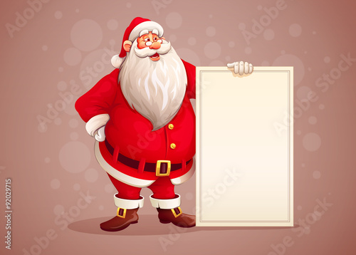 Merry Santa Claus standing with christmas greetings banner in