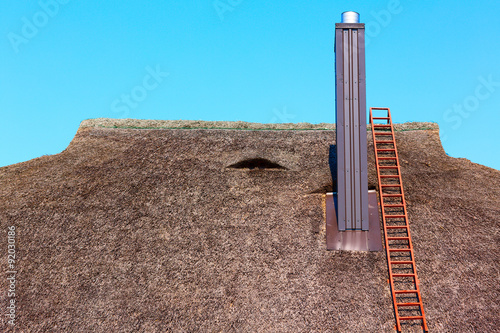 Photos Details of the thatched roof with ladder on it. Lithuania