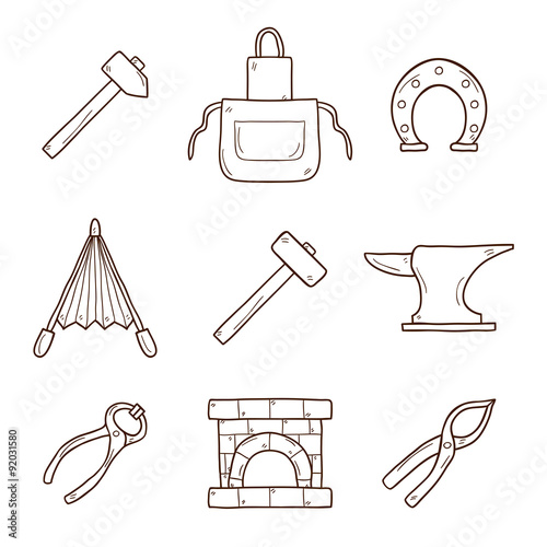 Set of cartoon icons in hand drawn style on blacksmith theme
