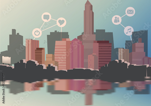 Abstract City Skyline with Social Media, Network and Web Design Elements - Vector Illustration